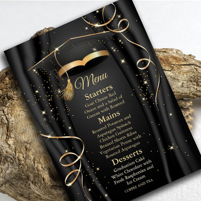 Eleganter Black & Gold Abschluss Einladung (Elegant Black & Gold Graduation Invitation #menu #zazzlemade #graduationdinner #blackandgoldmenu)