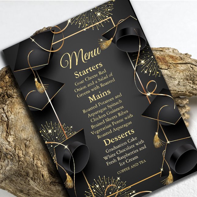 Eleganter Black & Gold Abschluss Einladung (Elegant Black & Gold Graduation Invitation #menu #zazzlemade #dinner #graduationparty #blackgold )