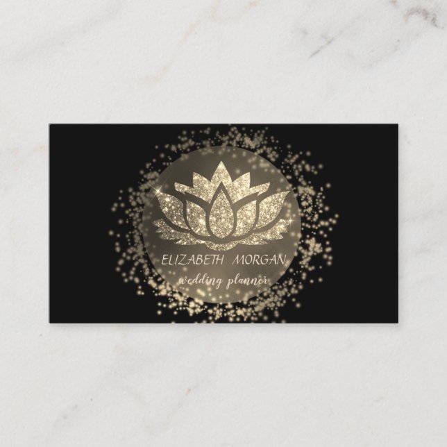 Eleganter Black ,Gold Confetti Glitzer Lotus Visitenkarte (Vorderseite)