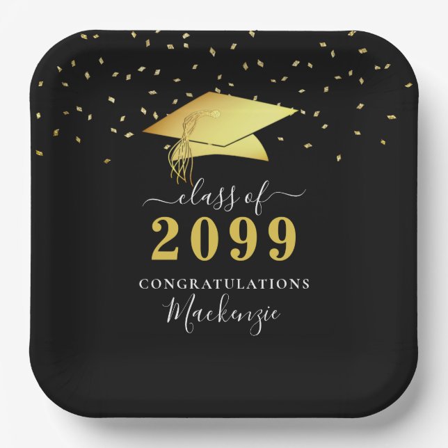 Eleganter Black Gold Confetti Script Abschluss Pappteller (Vorderseite)