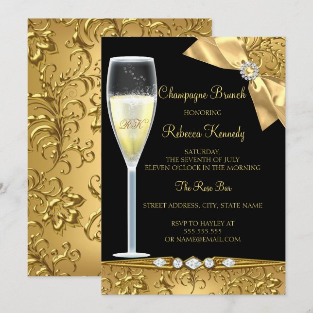Eleganter Black Gold Damask Champagner Brunch Einl Einladung (Vorne/Hinten)