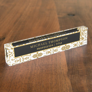 Eleganter Black Gold Damask Personalisierter Name Namensplakette