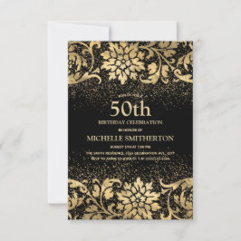 Eleganter Black Gold Floral Glitzer 50. Geburtstag Einladung
