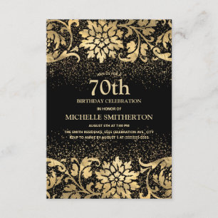 Eleganter Black Gold Floral Glitzer 70. Geburtstag Einladung