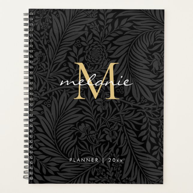 Eleganter Black Gold Floral Script Monogram Calend Planer (Vorderseite)