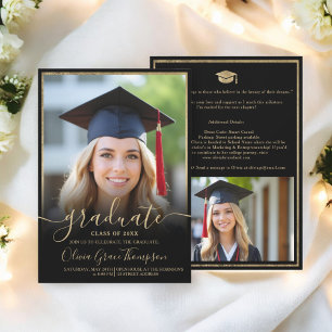 Eleganter Black Gold Foto Script Abschluss Einladung