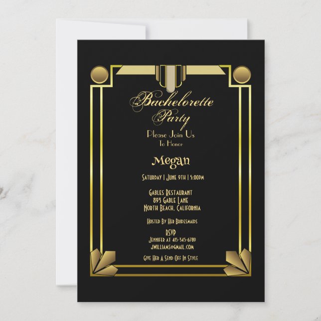 Eleganter Black & Gold Gatsby Junggeselinnen-Absch Einladung (Vorderseite)