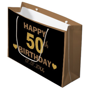 Eleganter Black & Gold Gliter Happy 50. Geburtstag Große Geschenktüte