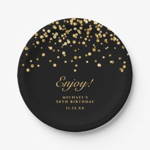 Eleganter Black & Gold Glitzer 50. Geburtstag Pappteller