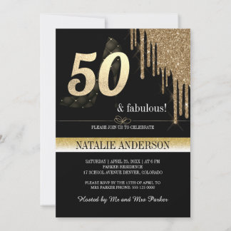 Eleganter Black Gold Glitzer 50. Geburtstagsparty Einladung