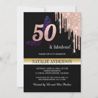 Eleganter Black Gold Glitzer 50. Geburtstagsparty Einladung