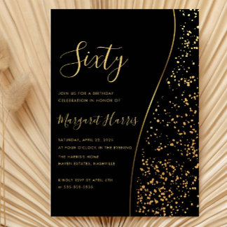 Eleganter Black Gold Glitzer 60. Geburtstag Einladung