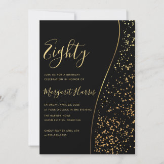 Eleganter Black Gold Glitzer 80. Geburtstag Einladung
