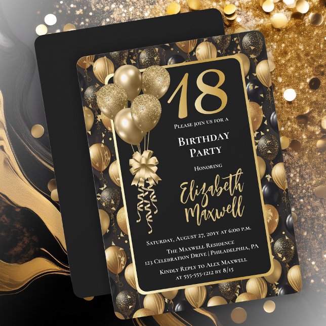Eleganter Black Gold Glitzer Balloons 18. Geburtst Einladung (Elegant Black Gold-Tone Faux Glitter Balloons Pattern 18th Birthday Party Invitation 
Print Digital)