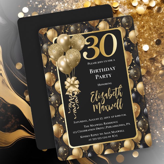 Eleganter Black Gold Glitzer Balloons 30. Geburtst Einladung (Elegant Black Gold-Tone Faux Glitter Balloons Pattern 30th Birthday Party Invitation 
Print Digital)