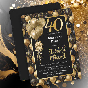 Eleganter Black Gold Glitzer Balloons 40. Geburtst Einladung
