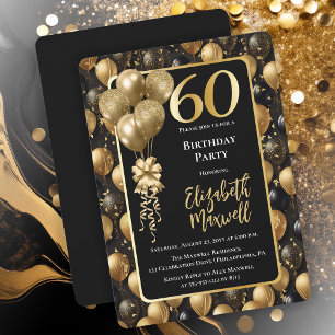 Eleganter Black Gold Glitzer Balloons 60. Geburtst Einladung
