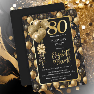 Eleganter Black Gold Glitzer Balloons 80. Geburtst Einladung