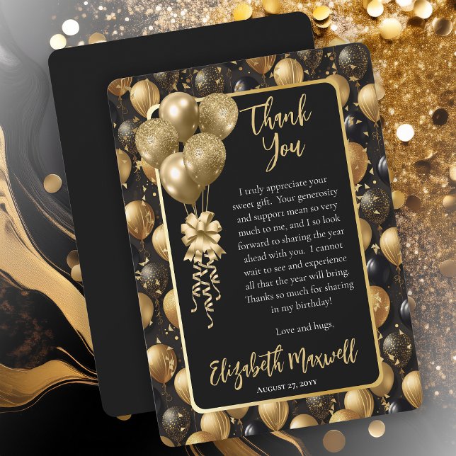 Eleganter Black Gold Glitzer Balloons Geburtstag Dankeskarte (Elegant Black Gold-Tone Faux Glitter Balloons Pattern Birthday Party Thank You Card)
