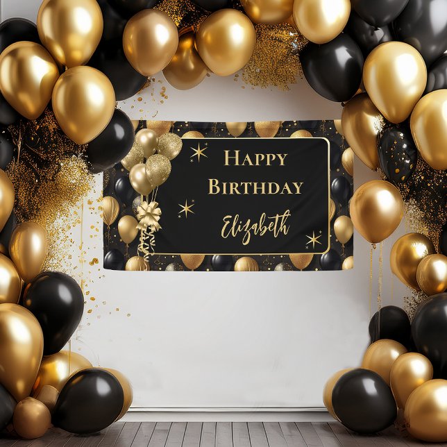 Eleganter Black Gold Glitzer Birthday Balloons Banner (Elegant Black and Gold Faux Glitter Balloons Pattern A021 "Happy Birthday" [Name] Party Banner)