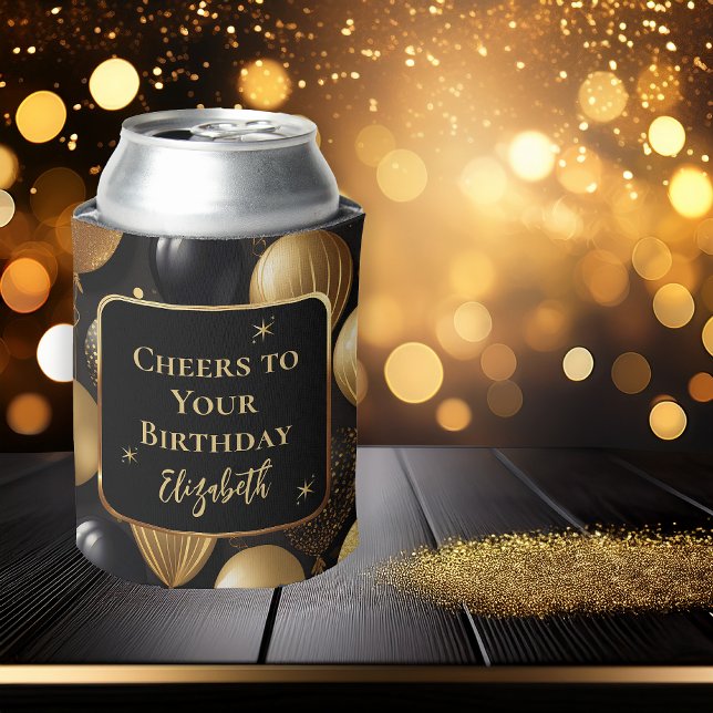 Eleganter Black Gold Glitzer Birthday Balloons Dosenkühler (Elegant Black | Gold Faux Glitter Balloons Pattern A021 "Cheers to Your Birthday" [Name] Can Cooler)