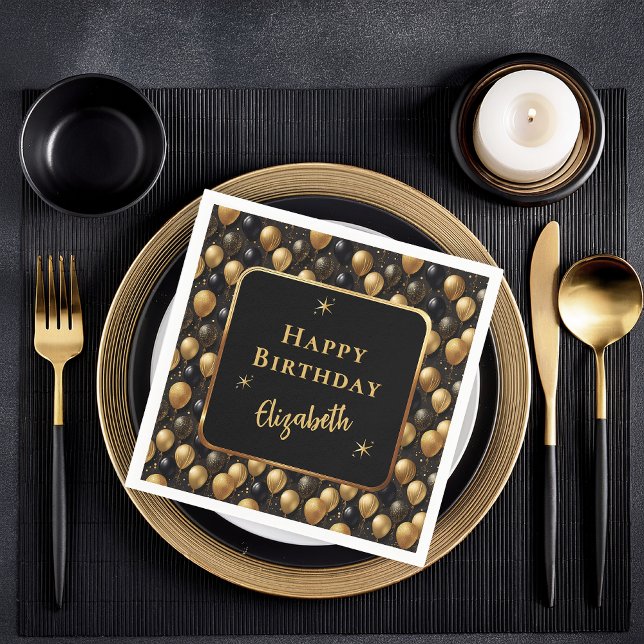 Eleganter Black Gold Glitzer Birthday Balloons Serviette (Elegant Black and Gold Faux Glitter Balloons Pattern A021 "Happy Birthday" [Name] Paper Napkins)