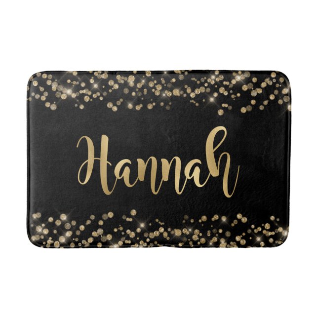 Eleganter Black Gold Glitzer Confetti Goldname Badematte (Vorderseite)