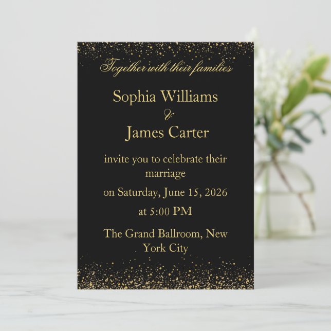 Eleganter Black & Gold Glitzer Confetti Wedding Einladung (Stehend Vorderseite)