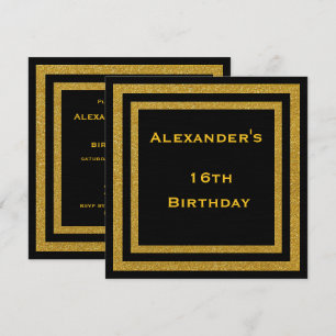 Eleganter Black & Gold Glitzer Gerahmt 16. Geburts Einladung