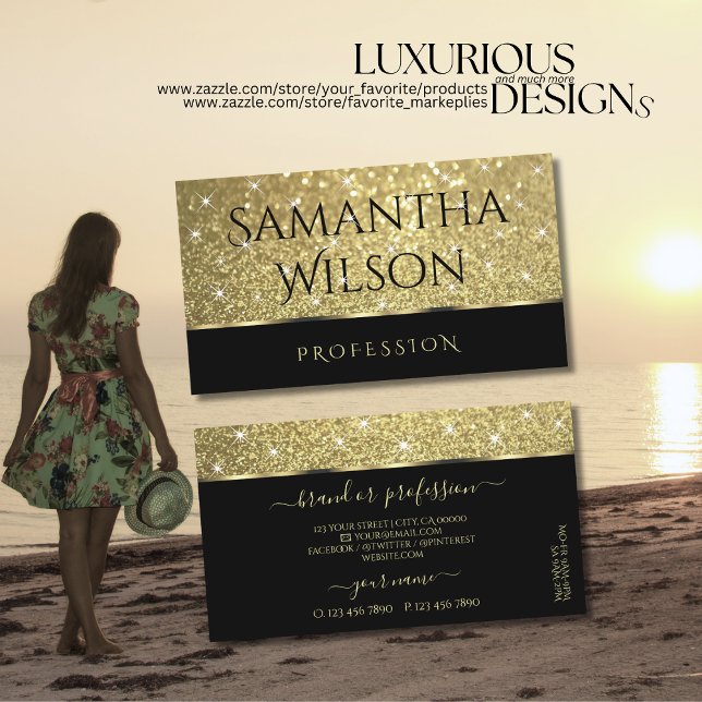 Eleganter Black Gold Glitzer Leuchtende Sterne Ext Visitenkarte (Von Creator hochgeladen)