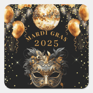 Eleganter Black Gold Glitzer Mardi Gras 2025 Quadratischer Aufkleber