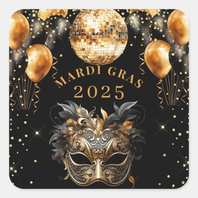 Eleganter Black Gold Glitzer Mardi Gras 2025 Quadratischer Aufkleber (Vorderseite)