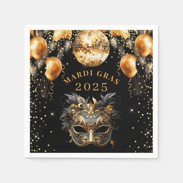 Eleganter Black Gold Glitzer Mardi Gras 2025 Serviette (Vorderseite)