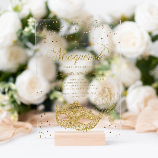 Eleganter Black Gold Glitzer Masquerade Geburtstag Acryleinladungen (Von Creator hochgeladen)