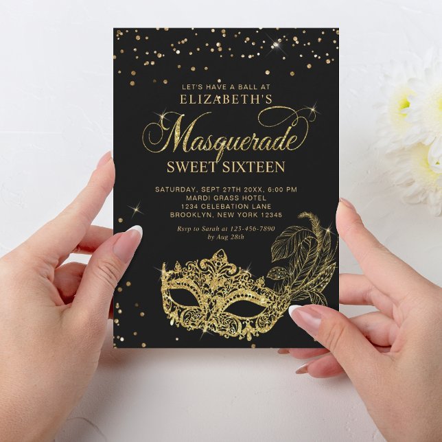 Eleganter Black Gold Glitzer Masquerade Sweet 16 Einladung (Von Creator hochgeladen)