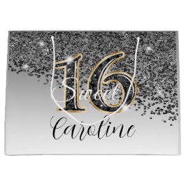 Eleganter Black & Gold Glitzer Sweet 16 Geburtstag Große Geschenktüte
