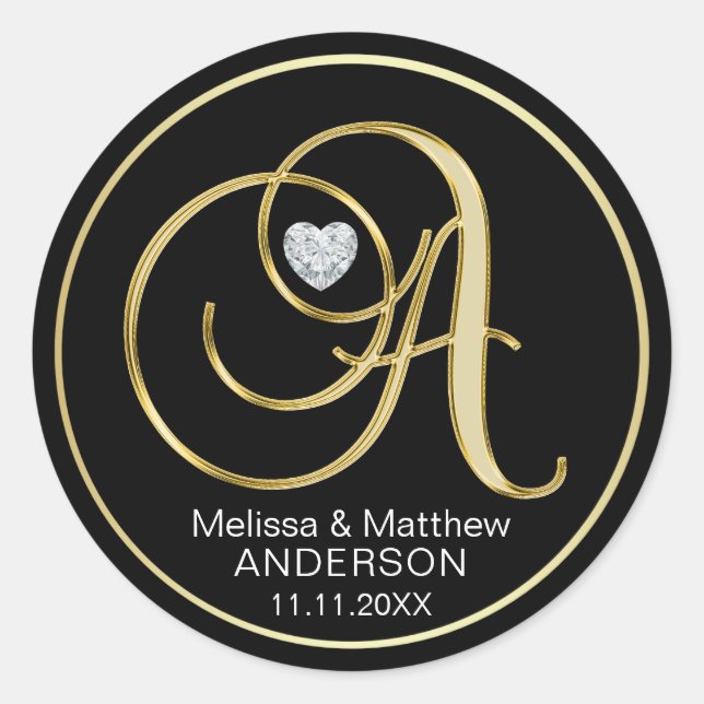 Eleganter Black Gold Monogram Letter A Heart Diamo Runder Aufkleber (Vorderseite)