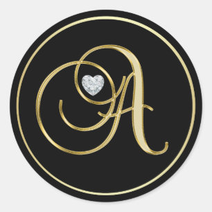 Eleganter Black Gold Monogram Letter A Heart Diamo Runder Aufkleber