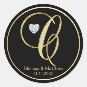 Eleganter Black Gold Monogram Letter C Herz Diamon Runder Aufkleber