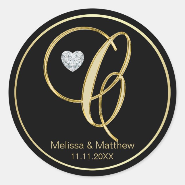 Eleganter Black Gold Monogram Letter C Herz Diamon Runder Aufkleber (Vorderseite)