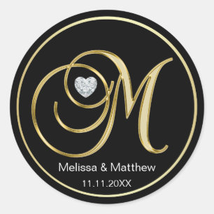 Eleganter Black Gold Monogram Letter M Heart Diamo Runder Aufkleber