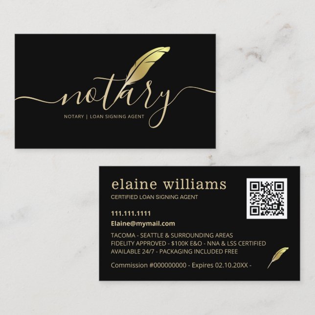 Eleganter Black Gold Notary Loan Signing Agent Visitenkarte (Vorne/Hinten)