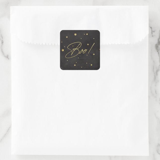 Eleganter Black+Gold Scattered Stars Boo! Hallowee Quadratischer Aufkleber (Tasche)