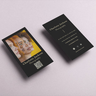 Eleganter Black & Gold Script l Foto & Qr Code Visitenkarte