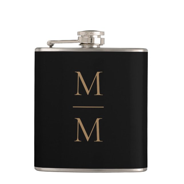 Eleganter Black Gold Simple Classic Monogram Flask Flachmann (Vorderseite)