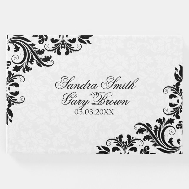 Eleganter Black Lace White Damask Gästebuch (Vorderseite)