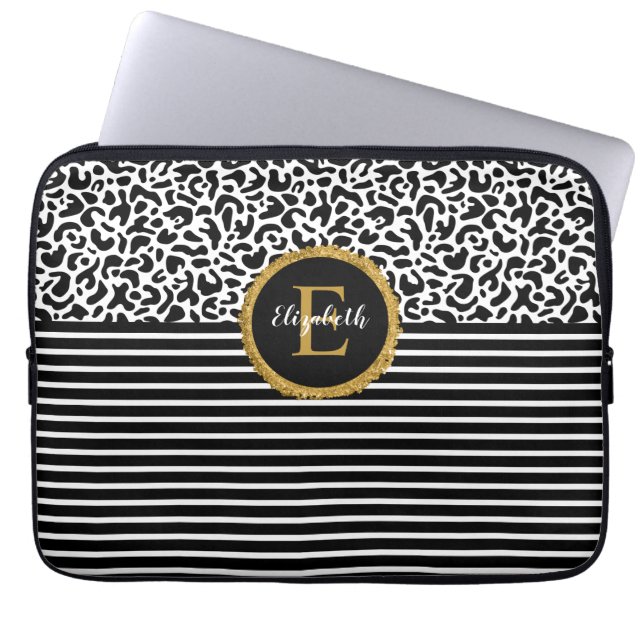 Eleganter Black Leopard Monogram Laptop Sleeve (Vorderseite)