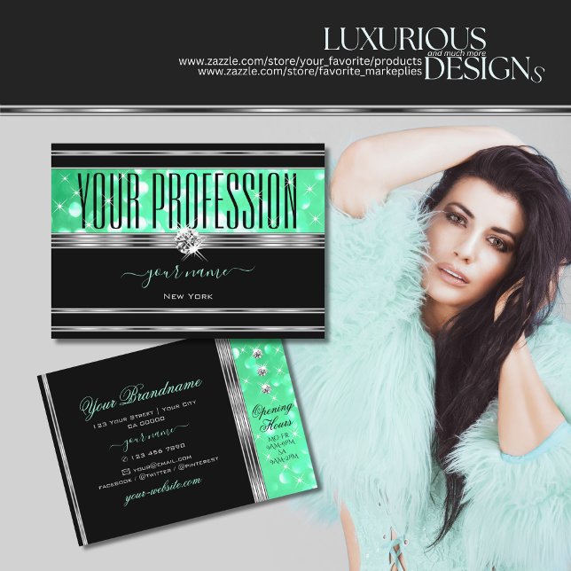 Eleganter Black Mint Green Glitzer Diamonds Silver Visitenkarte (Von Creator hochgeladen)