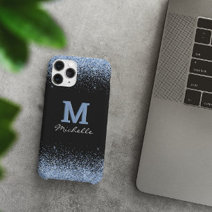 Eleganter Black Monogram Light Blue Glitzer Case-Mate iPhone Hülle