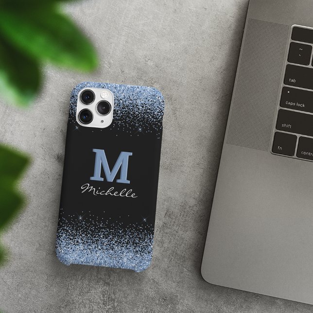 Eleganter Black Monogram Light Blue Glitzer Case-Mate iPhone Hülle (Von Creator hochgeladen)